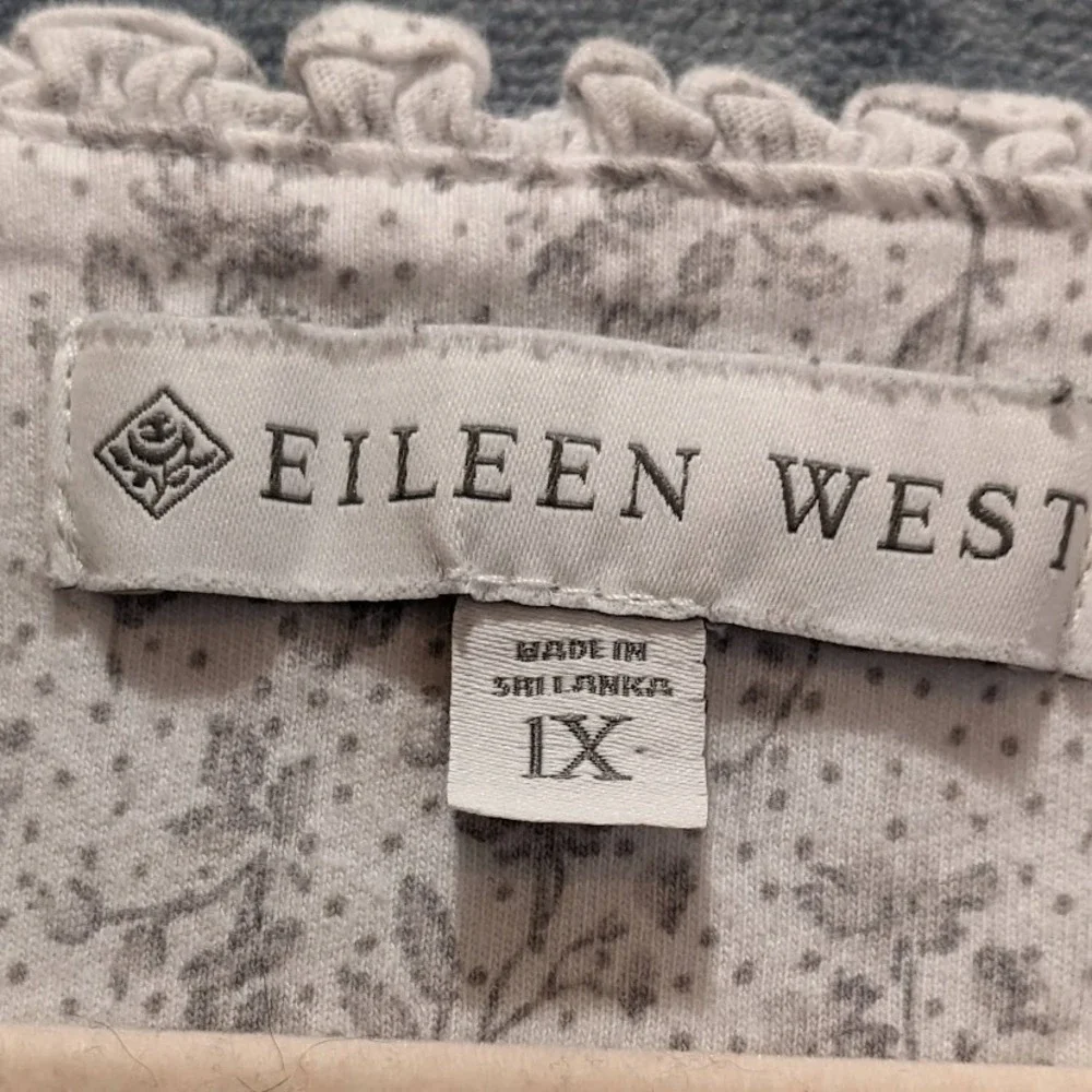 Eileen West 100% Cotton Long Sleeve Short Night Gown Gray Floral Womens‎ 1X Plus
